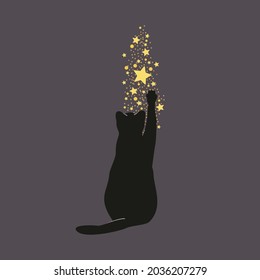 Gato jugando con estrellas brillantes. Silueta de gato negro con estrellas y brillo. Ilustración vectorial.