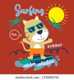 cat playing surfboard funny animal cartoon,vector illustration