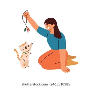 Cat playing cat teaser. Pet owner. Human and feline animals friendship. Flat cartoon style vector illustration isolated on white background