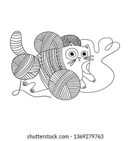 Cat playing with threads. Vector illustration for adult coloring book.