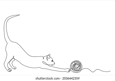 Cat playing toy ball one line drawing vector illustration