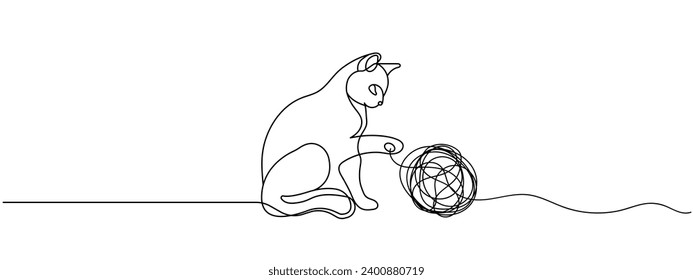 Cat playing toy ball one line drawing vector illustration