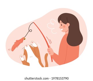 The cat is playing with a toy fishing rod. Daily life concept vector illustration of pets and owners.