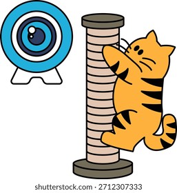Eine Katze spielt mit einem Spielzeug, das auf einer Stange steht. Der Stab ist ein Lineal und das Spielzeug ist ein Ball. Die Katze versucht, den Ball zu erreichen