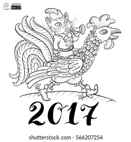 cat playing the trumpet and riding a cock, a symbol of the lunar or oriental year 2017. This can be used for coloring books, greeting cards, posters or t-shirts. Vector illustration.