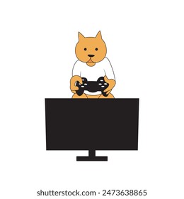 Cat is playing video games on game console with joystick. Vector image.