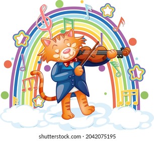 Katze, die Geige spielt mit Melodie-Symbolen auf Regenbogengrafik