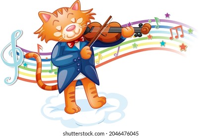 Cat playing violin with melody symbols on rainbow wave illustration