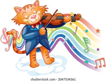 Cat playing violin with melody symbols on rainbow wave illustration