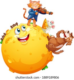 A cat playing violin on the moon with rat eating cheese and cute dog cartoon character isolated on white background illustration