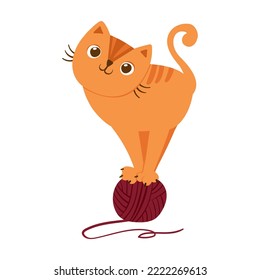 Cat playing with yarn ball. Cute playful kitten character. Cozy postcard. Mascot of Goods for pets. Vector illustration