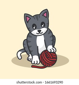 cat playing with yarn ball icon illustration, layered vector file, background color is easy to change or remove