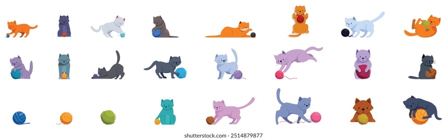 Conjunto de iconos de bola de hilo de juego de gato. Colección de veintitrés ilustraciones que representan gatos jugando con bolas de lana en diferentes posiciones