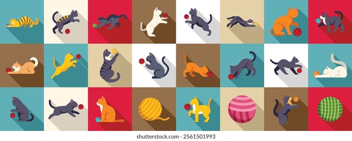 Cat playing yarn ball icons set. Cats of various breeds enjoying playtime with colorful yarn balls, showcasing different playful poses and interactions