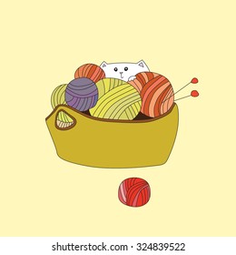 Cat playing with yarn in basket. Vector illuctration