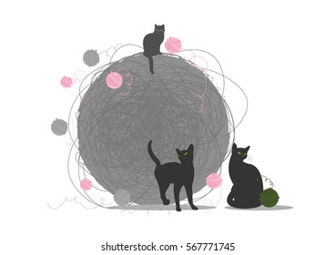 Cat playing with yarn. Vector illustration