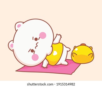 Cat playing yoga with duck cartoon illustration