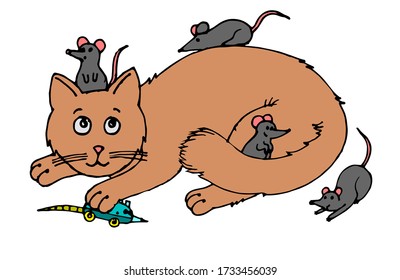 The cat plays with an artificial mouse, but does not touch the real ones.
Vector is isolated on a white background. Cartoon. Hand drawing.