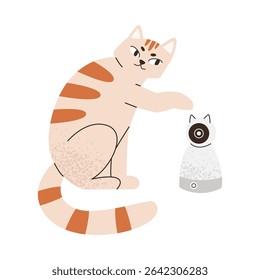 Cat plays with baby monitor. Enster indoor security WiFi camera for cat or dog. Pet electronic device. Flat vector illustration isolated on white background.