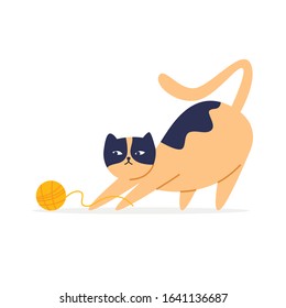 Cat plays with a ball of thread, pets. Flat style vector illustration