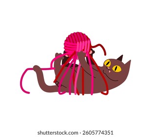 Cat plays with ball of wool. Cat and ball of thread