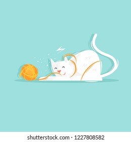 Cat plays with a ball of yarn. Flat design vector illustration.