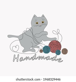 Cat plays with balls of yarn for knitting. Handmade, logo, sign, sticker. Vector graphics, isolated background.