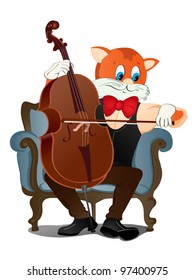 Cat plays the cello He sits in his chair, white background