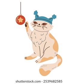 Cat plays with Christmas bauble flat color vector character. Happy animal celebrates winter holidays illustration on white background