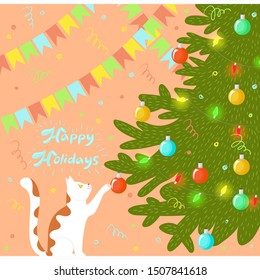 The cat plays with a Christmas tree and New Year's balls. Postcard.