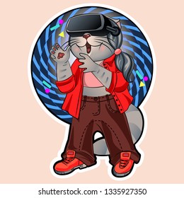 cat plays computer games in virtual space