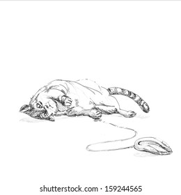 cat plays with computer mouse background vector.