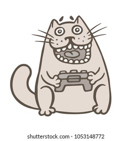 Cat plays in cool video games. Cheerful pet video gamer with a joystick in its paws. Vector illustration.