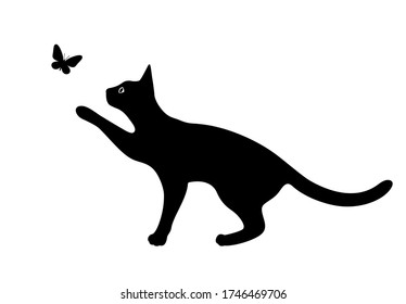 A cat plays with a flying butterfly. Vector black silhouettes isolated on a white background. The symbol of Halloween. Can be used as a sticker template, logo element, icon for web design.
