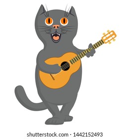 The cat plays the guitar and sings a love song. Spring Feline Concert. Vector illustration.