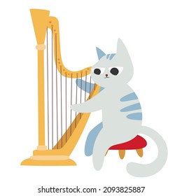 Cat plays the harp. Cute character in doodle flat style