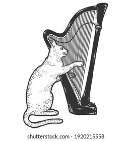 Cat plays the harp. Sketch scratch board imitation. Black and white.