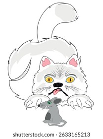 Cat plays with mouse on white background is insulated