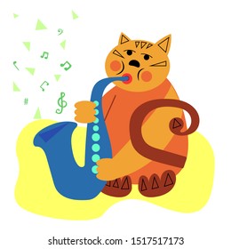 Cat plays on saxophone vector illustration. Hand drawn cartoon style.