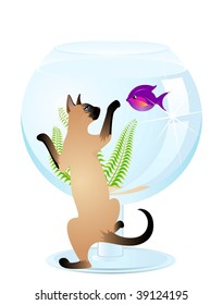  The cat plays with a small fish in an aquarium a white background