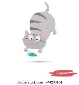 The cat plays with a toy mouse color flat illustration