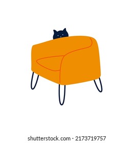 Cat Playuing Near Comfy Chair. Cat And Cozy Armchair, Happy Playful Pet, Domestic Animal Flat Drawing. Vector Modern Art