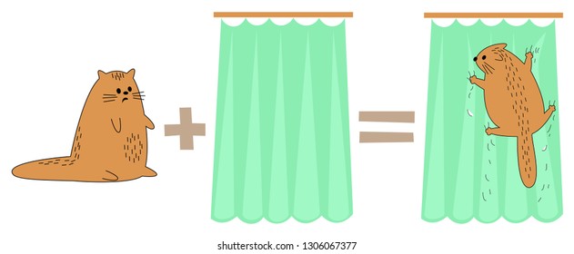 Cat plus curtain, equals. Pet scared, hanging on the curtains. The animal broke, damaged the curtain. Funny math. Vector illustration.
