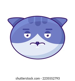 Cat pocker face neutral expression emoji vector. Domestic kitty animal simple with open eyes and closed mouth. Comical smiley with deadpan sense of humor emotion. Kitten flat cartoon illustration