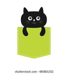 Cat in the pocket. Cute cartoon character. Black kitten kitty. Dash line. Pet animal collection. T-shirt design. White background. Isolated. Flat Vector illustration