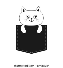Cat in the pocket. Cute cartoon kitten contour character. Dash line. Pet animal collection. White and black color. T-shirt design. Baby background. Isolated. Flat Vector illustration svg