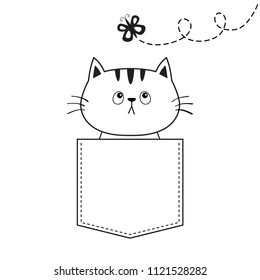 Cat in the pocket  flying butterfly  Doodle linear sketch  Cute cartoon animals  Kitten kitty character  Dash line  Pet animal  White   black color  T  shirt design  Baby background  Flat Vector