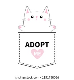 Cat pocket. Paw print. Adopt me. Pink heart. Cute cartoon animals. Kitten kitty character. Dash line. Pet animal collection. T-shirt design. Baby background. Isolated. Flat design Vector illustration