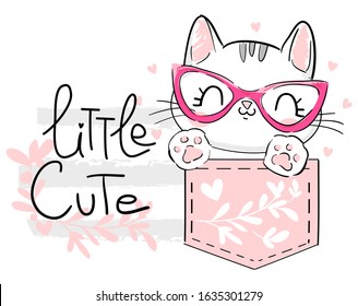 Cat in the pocket. Print for children. textile design trend. Vector illustration. Hand drawn cute cartoon character.  Paw print.