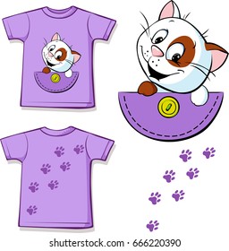 cat in pocket printed on violet shirt